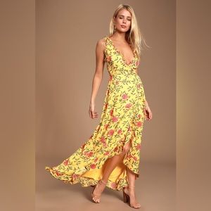 Lulu’s Blossoming Heart Yellow Floral Print Ruffled High-Low Wrap Dress